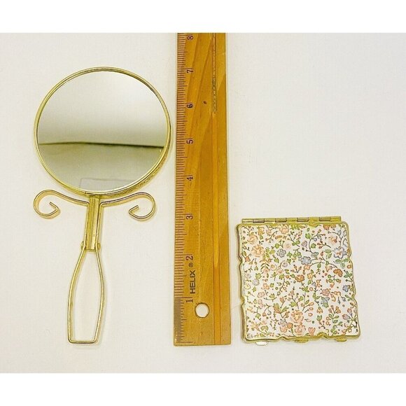 VINTAGE Vanity Mirrors Handheld/ Standing & Ditsy Floral Compact Japan Gold Tone - Picture 3 of 9